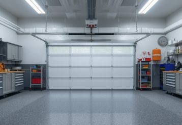 Organized custom garage with cabinetry, overhead storage, and modern door in Clermont, FL