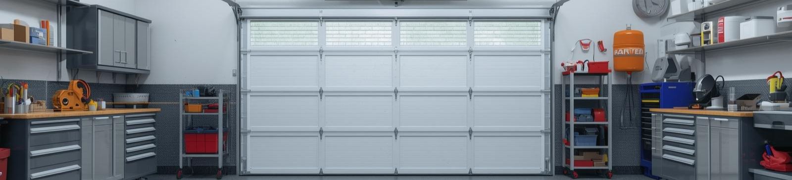 Organized custom garage with cabinetry, overhead storage, and modern door in Clermont, FL